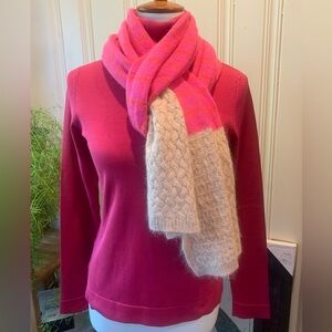 KNITTED WOOL BLEND SCARF PINK STRIPE TAN TRIM